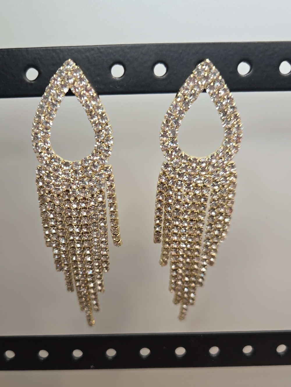 Costume Jewelry Rhinestone Teardrop Fringe Earrings - Gold Tone